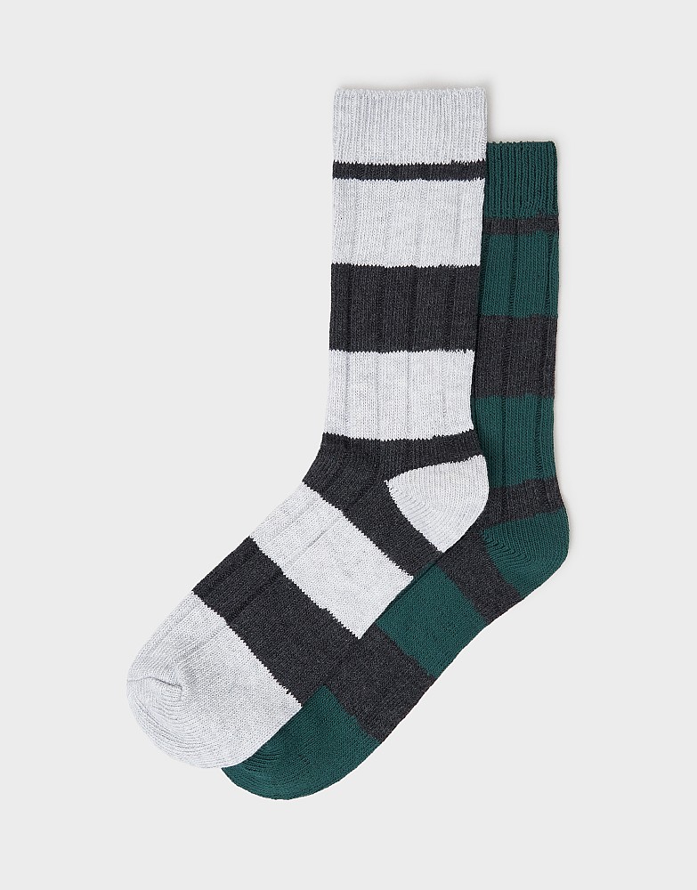 2 Pack Stripe Rugby Socks in Green and Charcoal