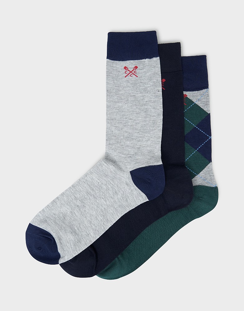3-Pack Socks in Grey Marl, Green & Blue Argyle
