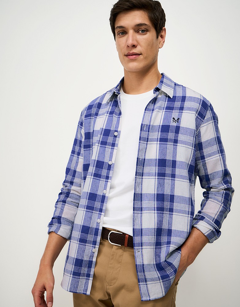 Long Sleeve Linen-Blend Ted Check Shirt in Blue and White