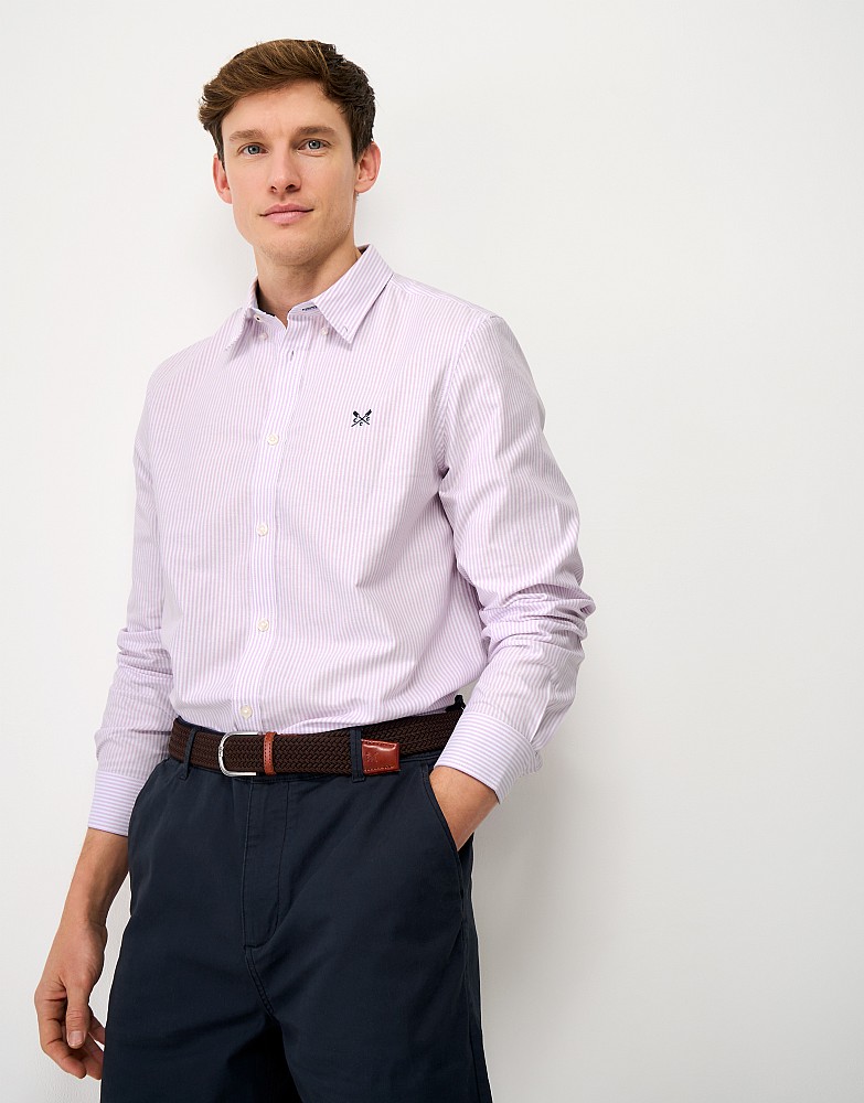Classic Fit Long-Sleeve Oxford Cotton Shirt in Purple & White Stripe
