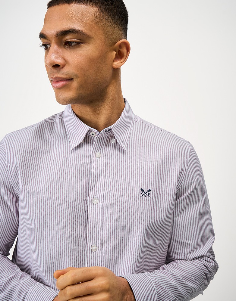 Classic Fit Long-Sleeve Oxford Cotton Shirt in Mulberry & White Stripe