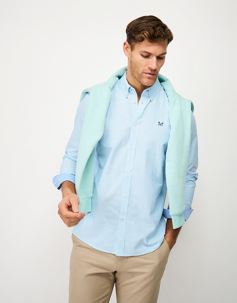 Classic Fit Long-Sleeve Oxford Cotton Shirt in Blue & White Stripe