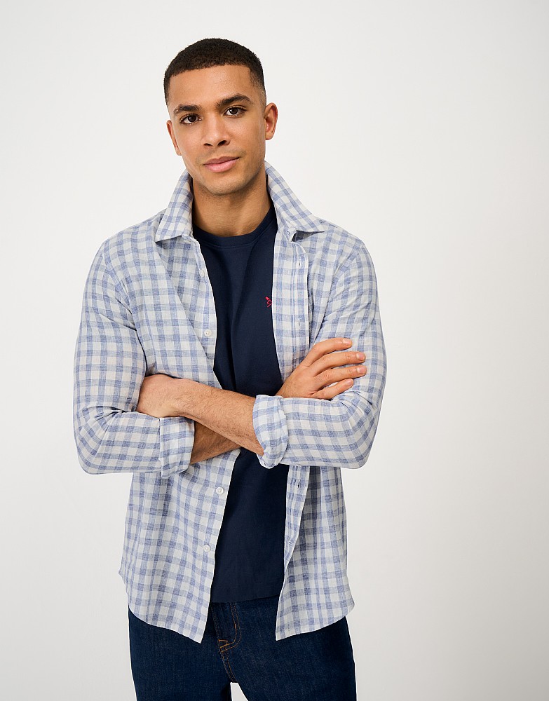 Linen-blend Checked Shirt in Blue and Off-white