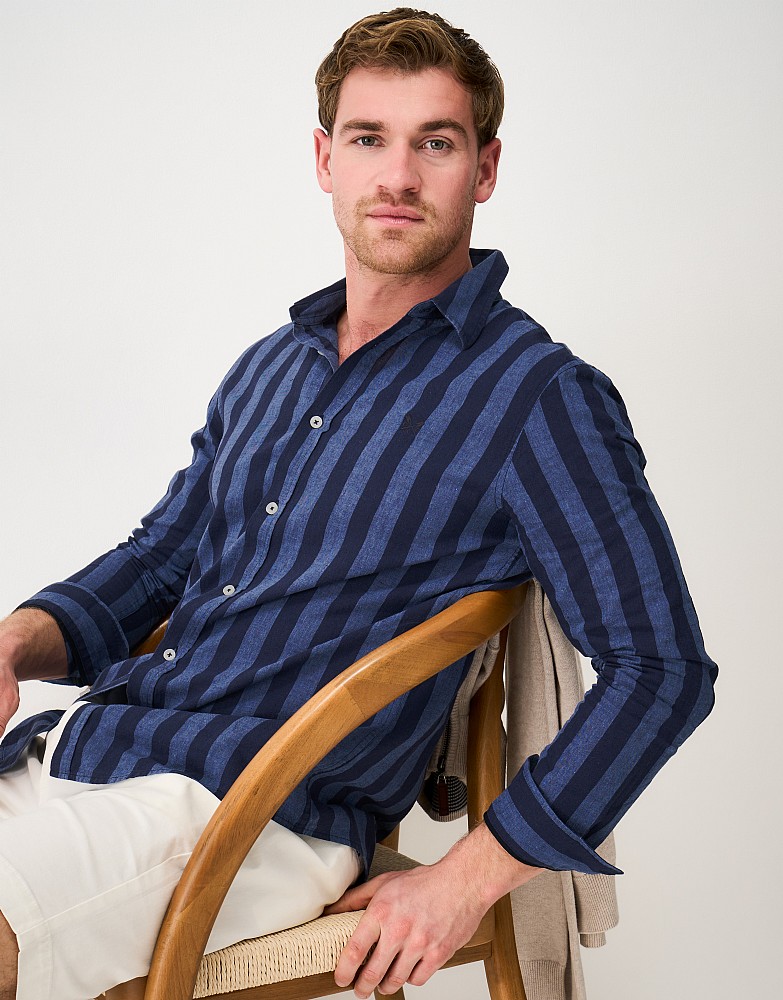 Lee Stripe Long Sleeve Linen-Blend Shirt in Navy and Blue
