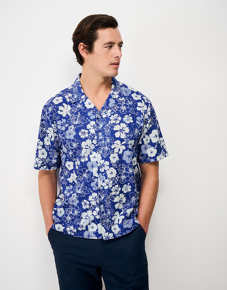 Linen-Blend Revere Shirt in Blue & White