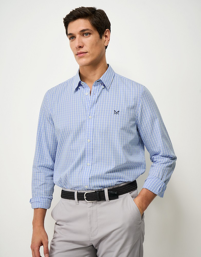 Long Sleeve Mini Check Classic Fit Poplin Shirt in Blue and Off-White