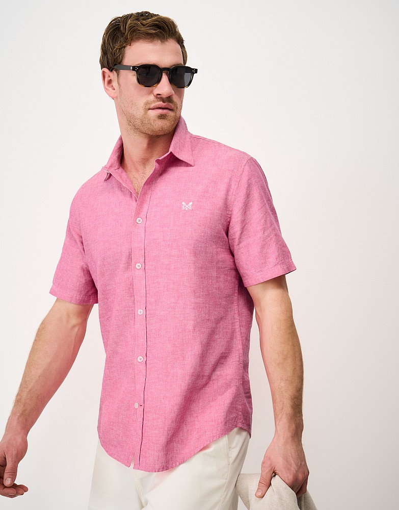 Short Sleeve Linen Blend Shirt in Raspberry Heather