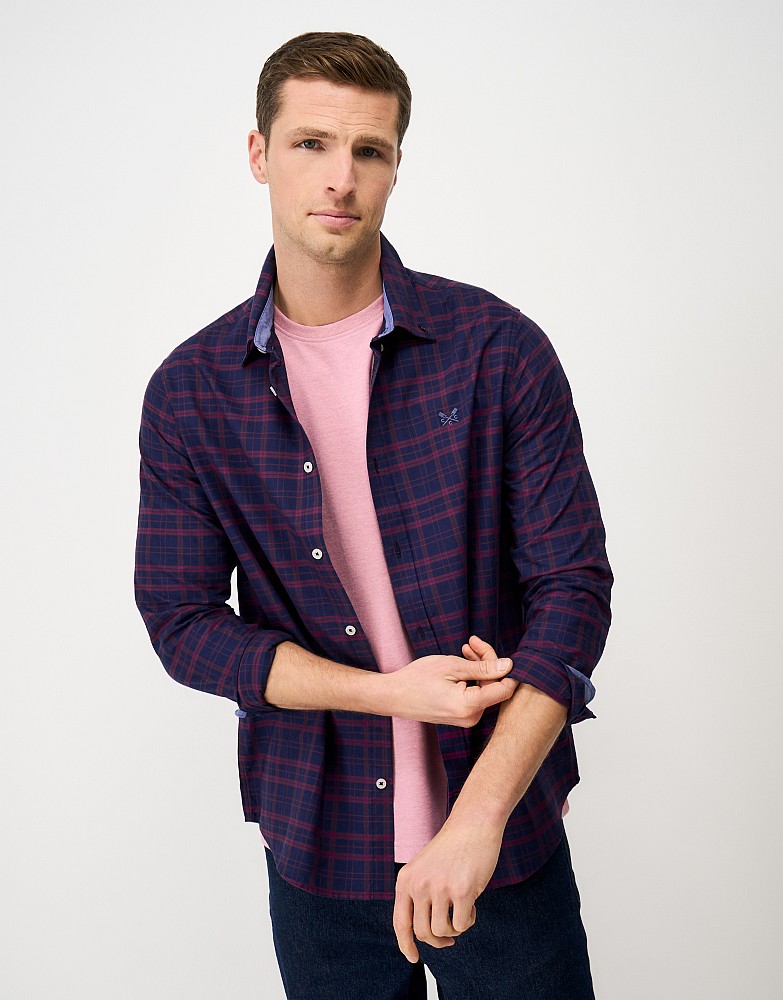 Classic Fit Long-Sleeve Oxford Cotton Shirt in Navy & Mulberry Check