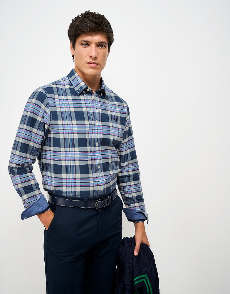 Classic Fit Rupert Check Oxford Cotton Shirt in Blue & Cream