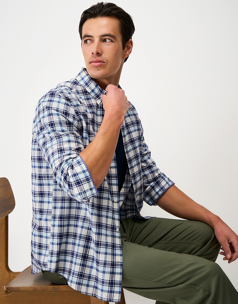 Cotton Flannel Shirt in Dark Blue & Cream Check