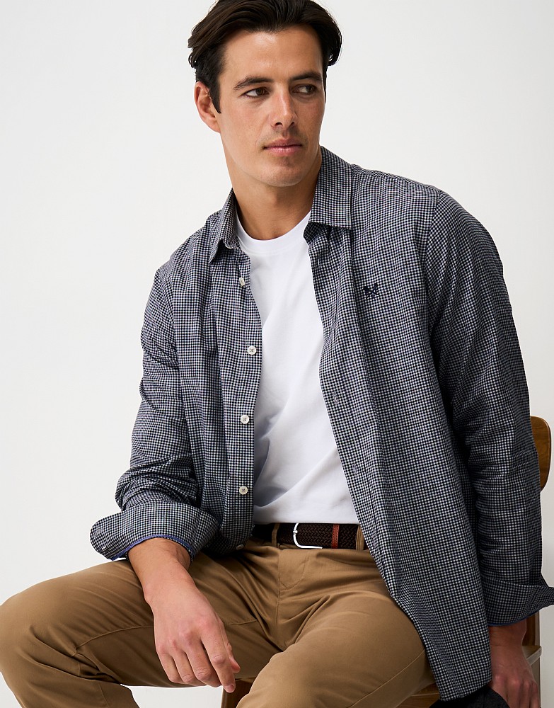 Cotton Flannel Shirt in Grey Marl & Dark Blue Gingham