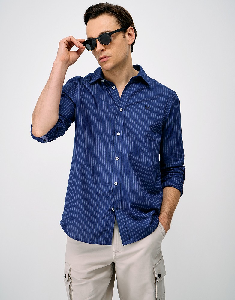 Newport Striped Broadcloth Classic Fit Shirt in Indigo and Ecru