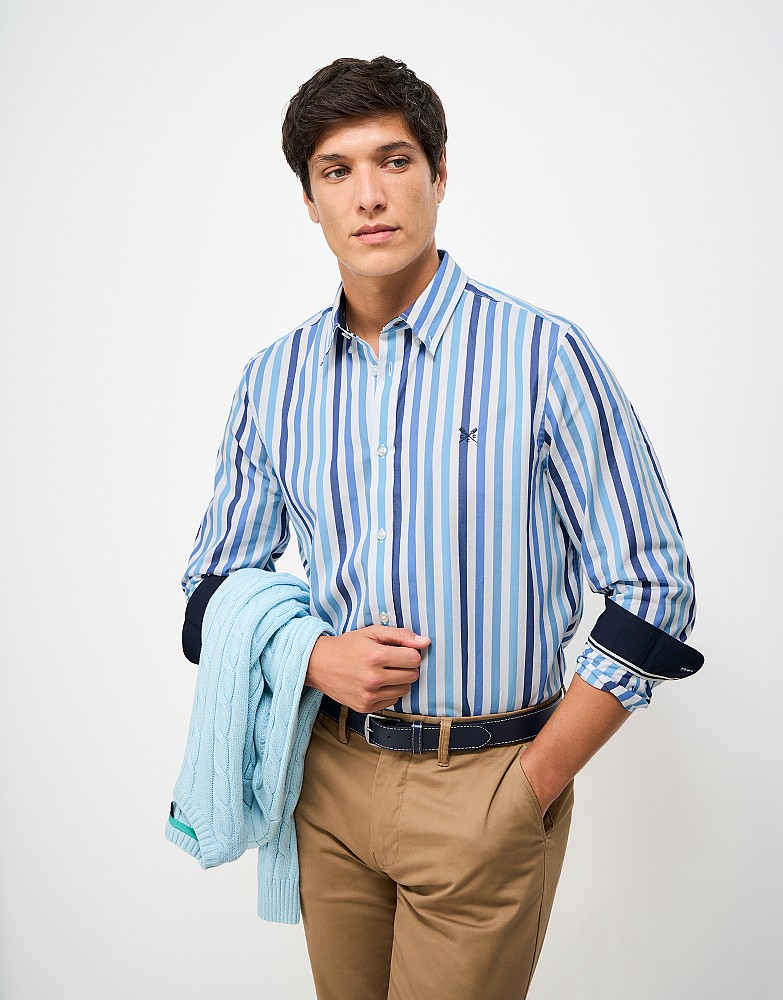 Classic Fit Multi-Stripe Cotton Poplin Shirt in Blue