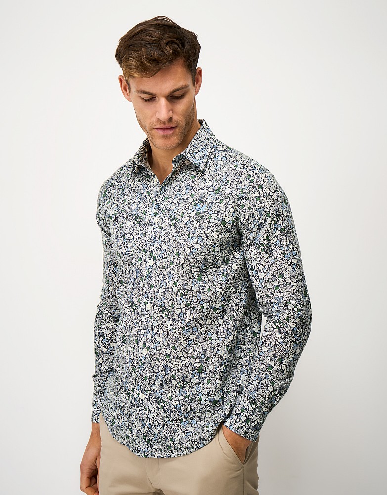 Long Sleeve Meadow Floral Linen-Blend Shirt in Navy