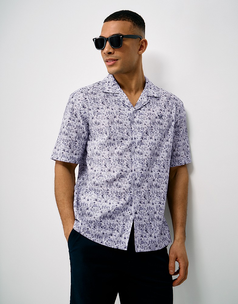 Short Sleeve Tropical Print Revere Collar Shirt