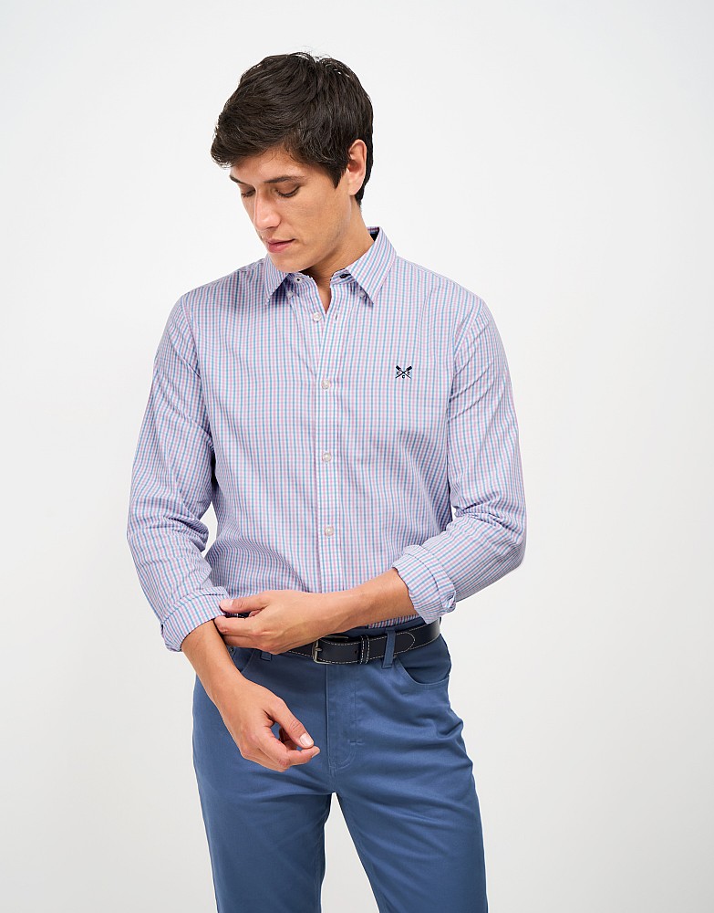 Slim-Fit Cotton Gingham Shirt in Blue & Mauve