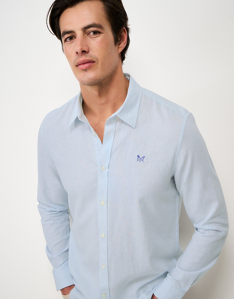 Micro Stripe Long Sleeve Linen Shirt in Blue and White