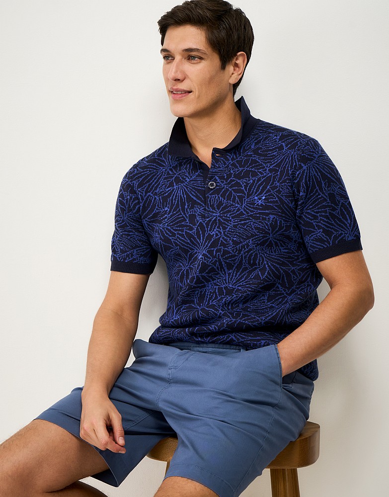 Knitted Cotton Jacquard Polo Shirt in Dark Navy & Blue