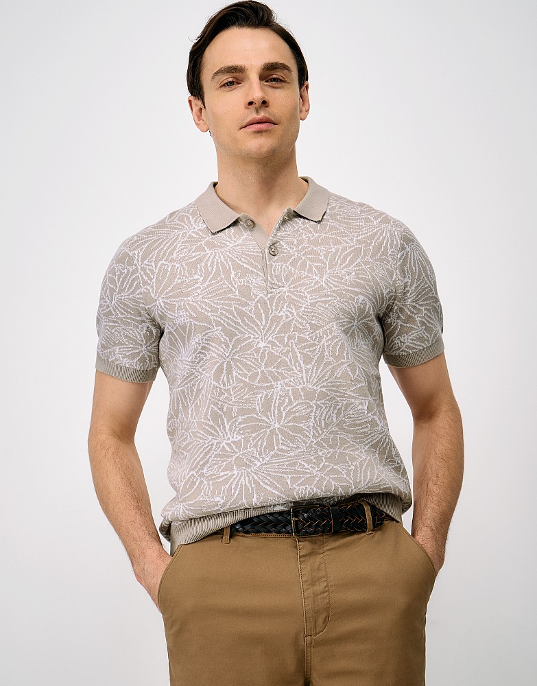 Knitted Cotton Jacquard Polo Shirt in Stone & White