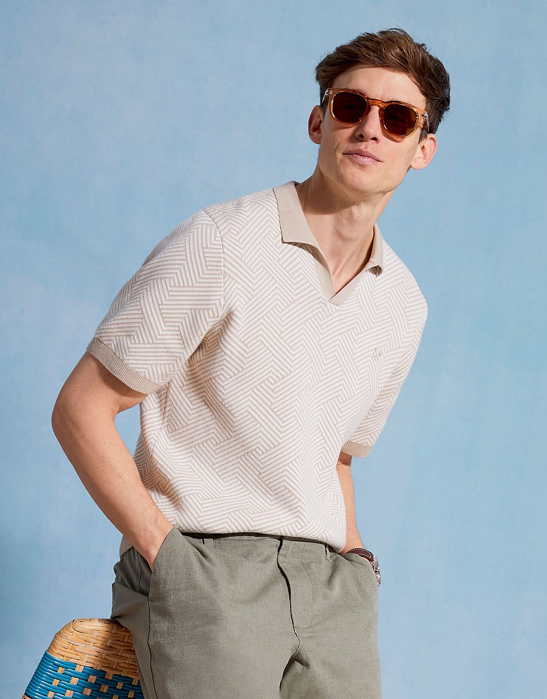 Knitted Cotton Jacquard Polo Shirt in White and Tan