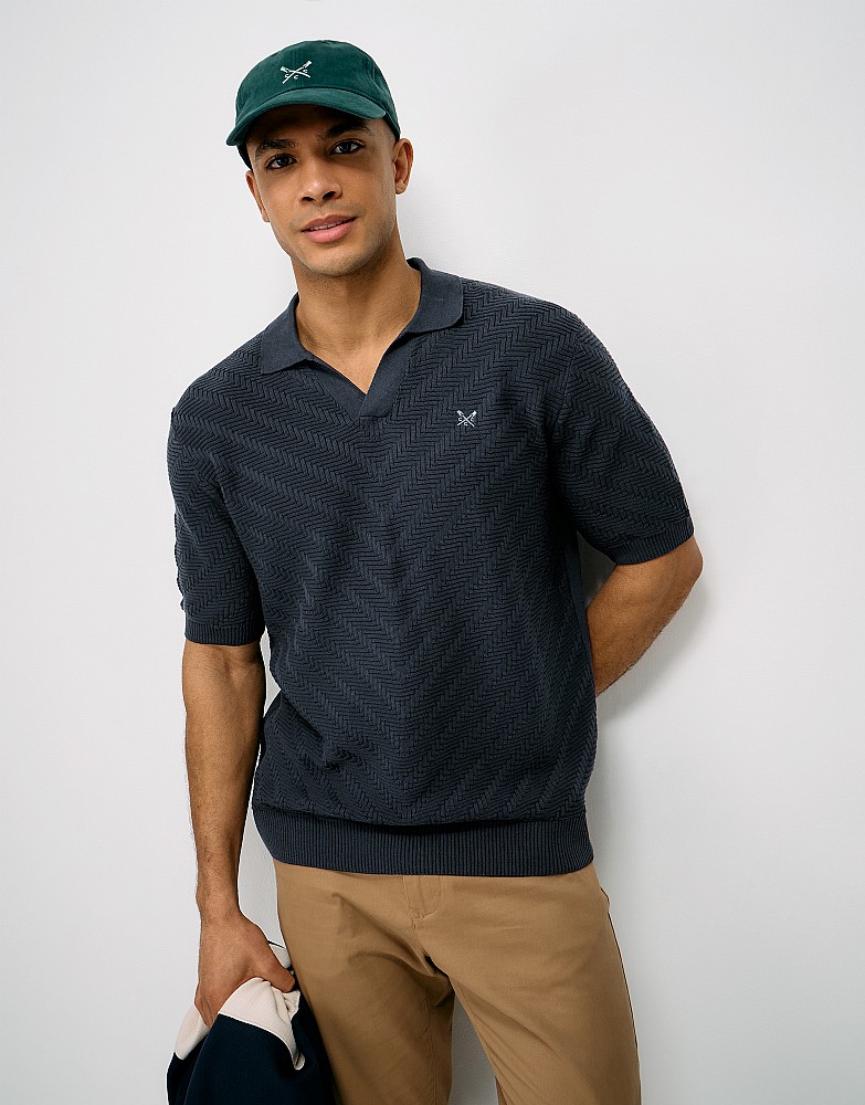 Textured Cotton Johnny Collar Polo in Dark Navy