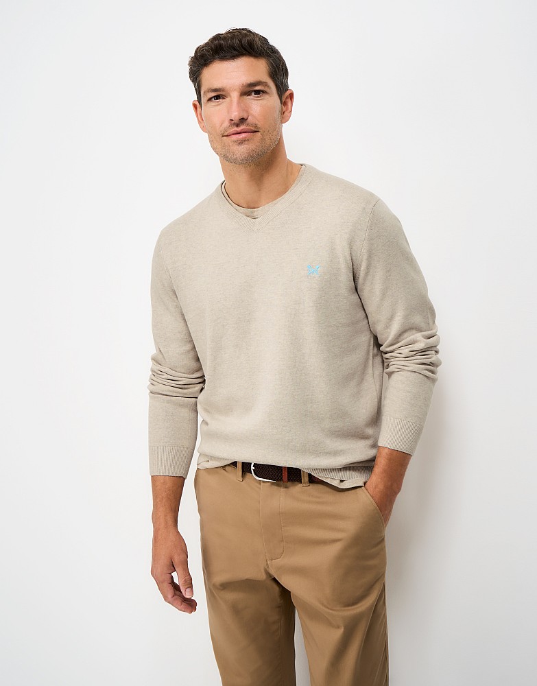 Organic Cotton V Neck Jumper in Neutral Marl