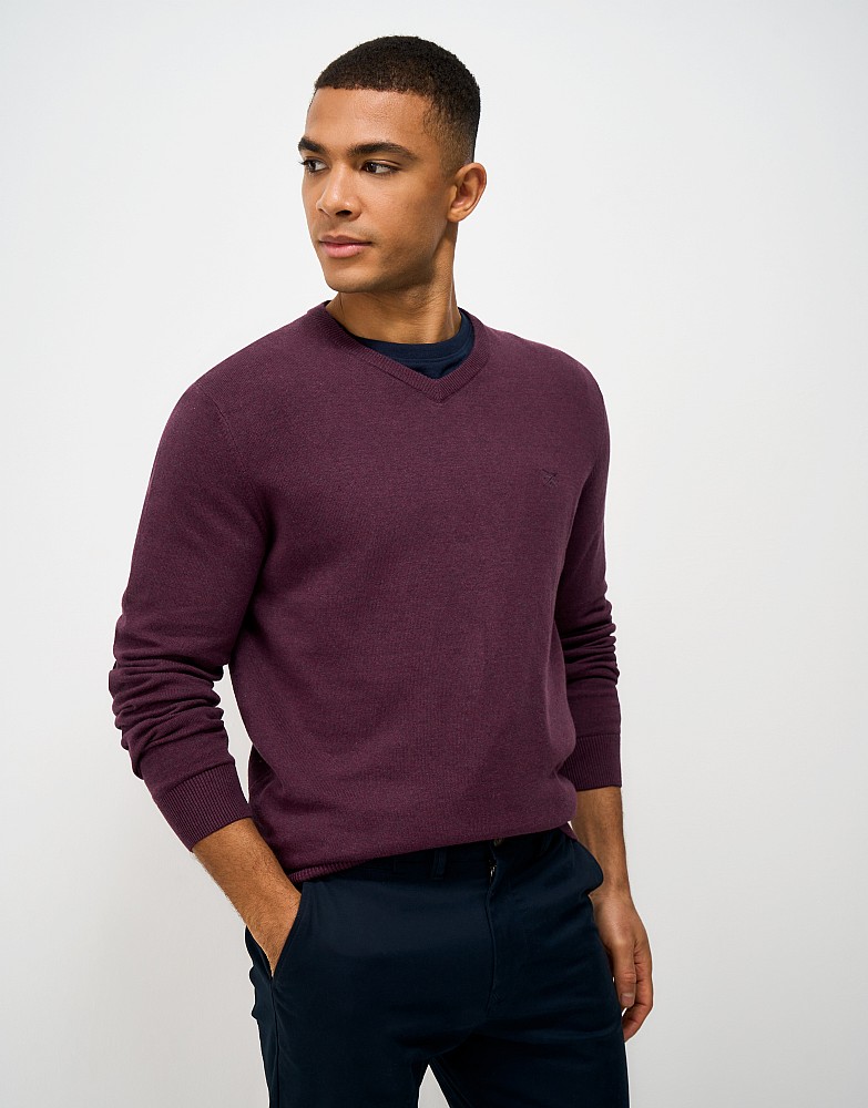 Organic Cotton V Neck jumper in Burgundy Marl