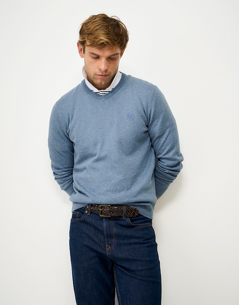 Organic Cotton V Neck Jumper in Blue Marl