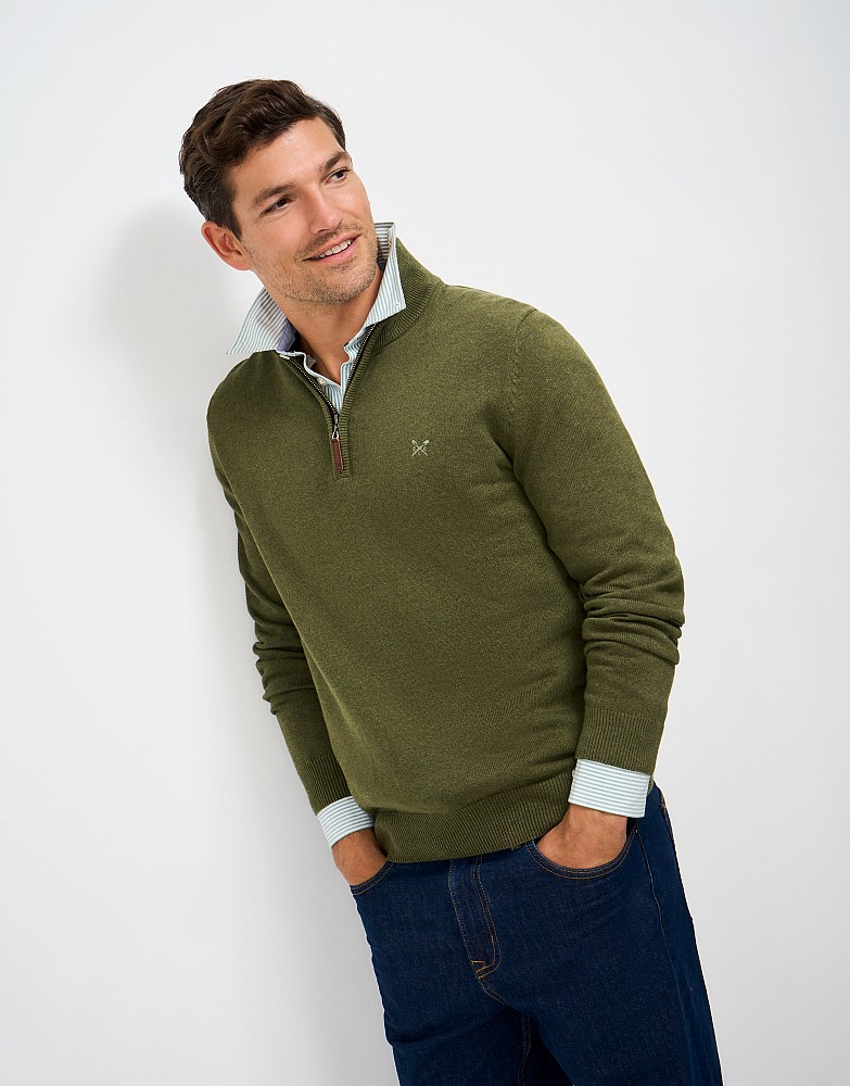 Organic Cotton Half Zip Jumper in Olive Green