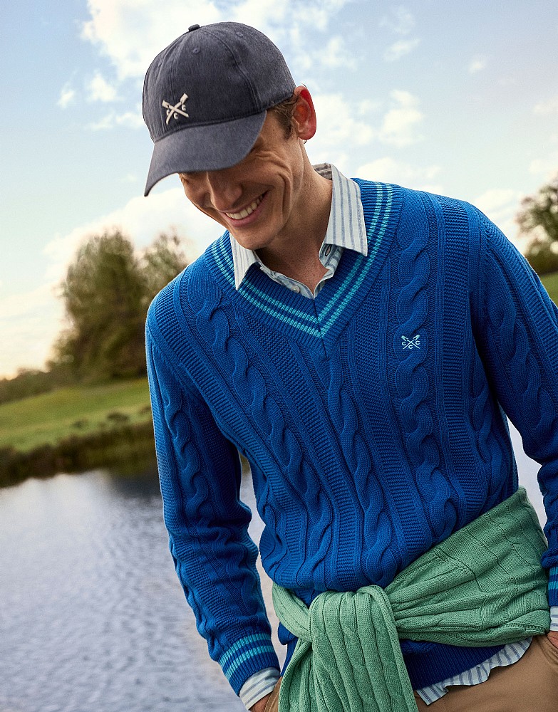 Cotton Cable-Knit Cricket Jumper in Blue