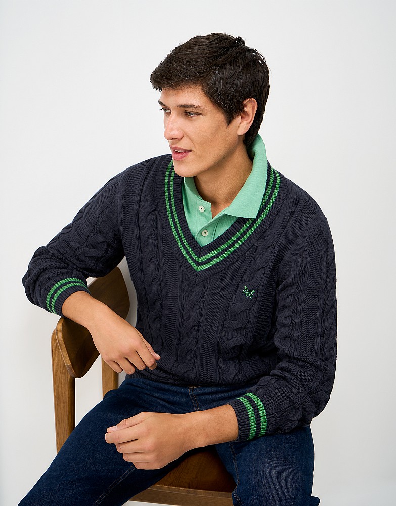 Cotton Cable-Knit Cricket Jumper in Navy