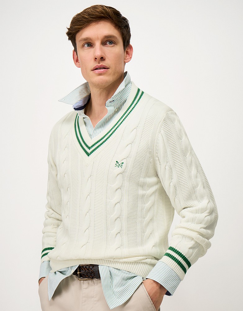 Cotton Cable-Knit Cricket Jumper in White