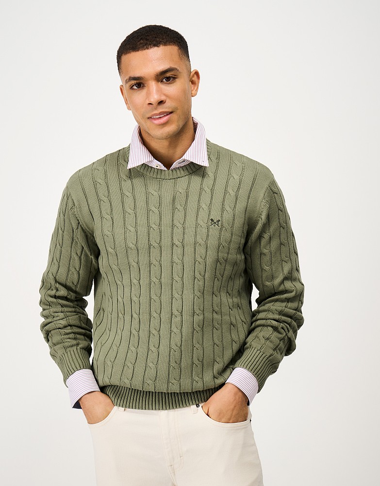 Oarsman Cable Knit Crew Neck Jumper in Green