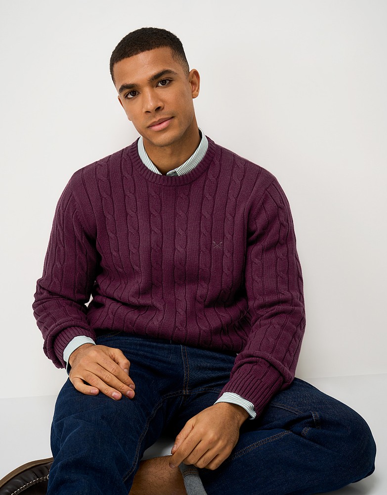 Oarsman Cable Knit Crew Neck Jumper in Burgundy Marl