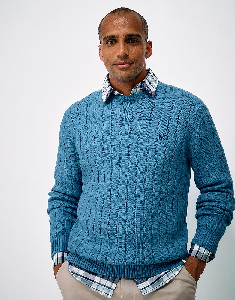 Oarsman Cable Knit Crew Neck Jumper in Blue Marl