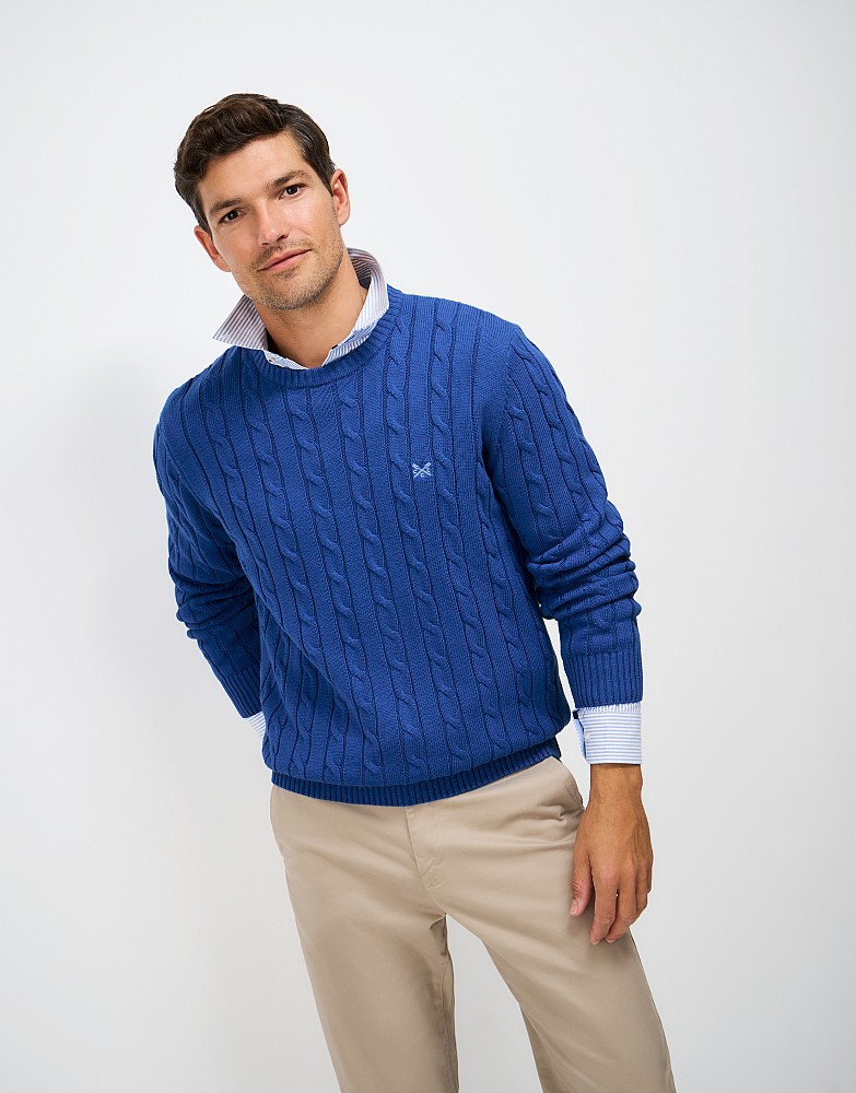 Oarsman Cable Knit Crew Jumper in Blue