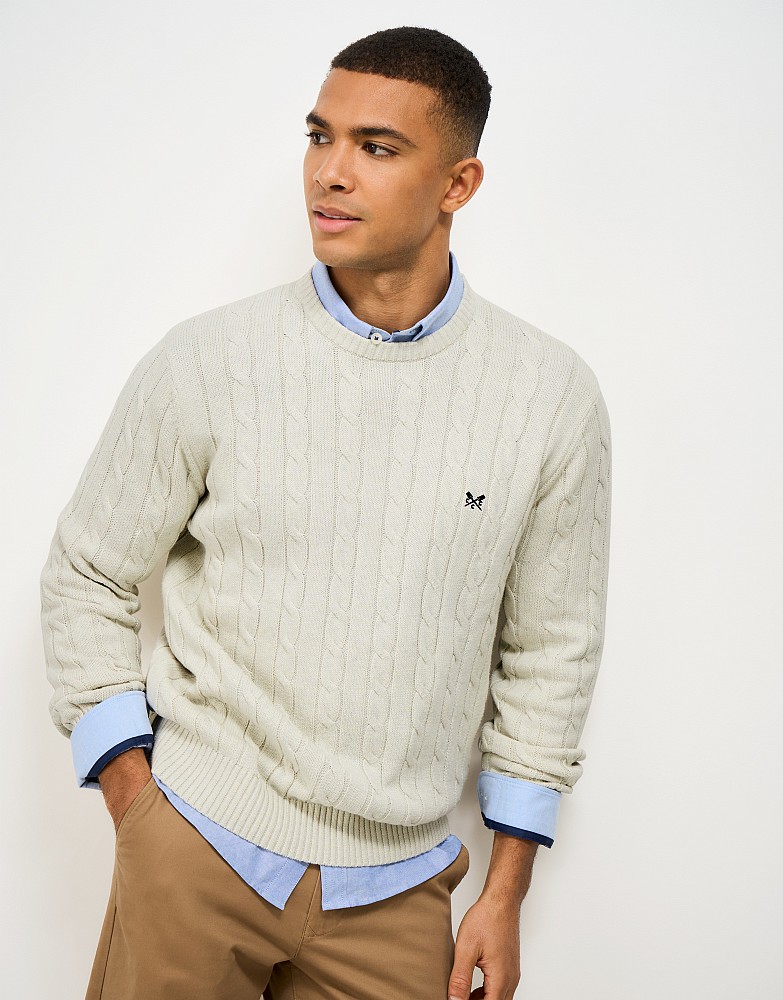 Oarsman Cable Knit Crew Neck Jumper in White Marl