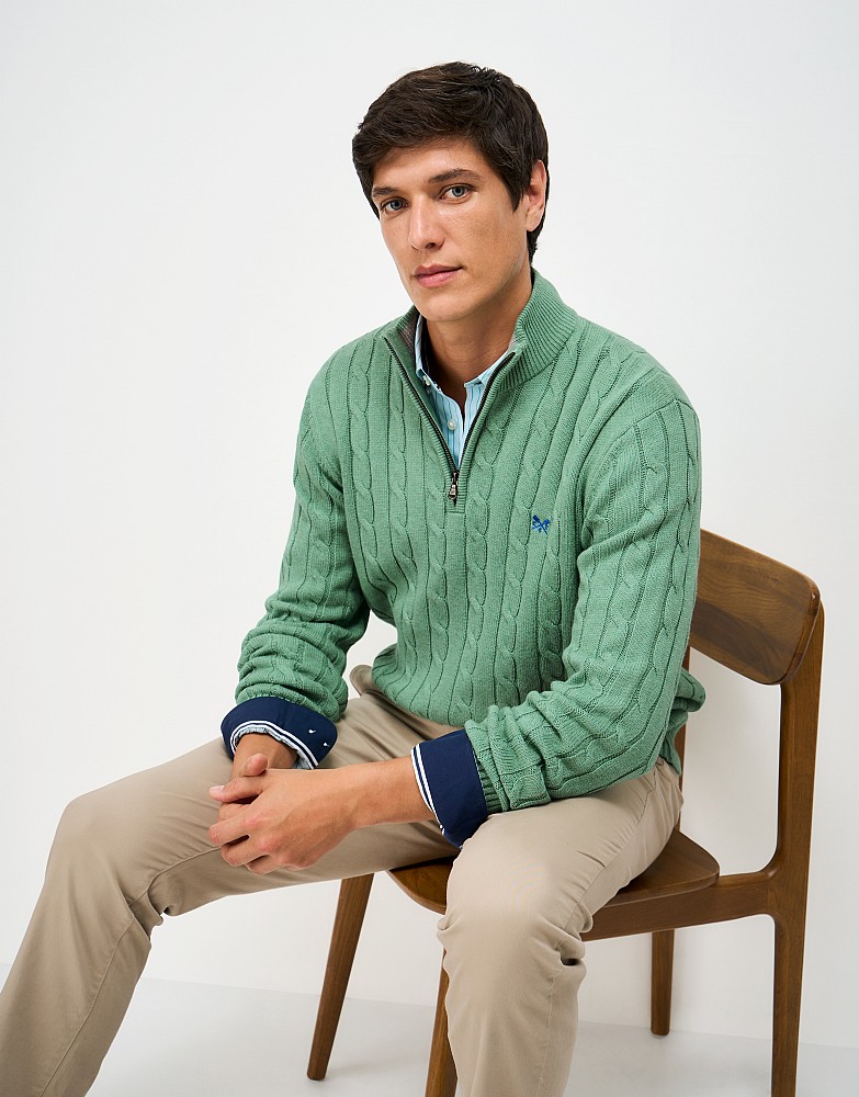 Oarsman Cable Knit Half Zip Jumper in Green