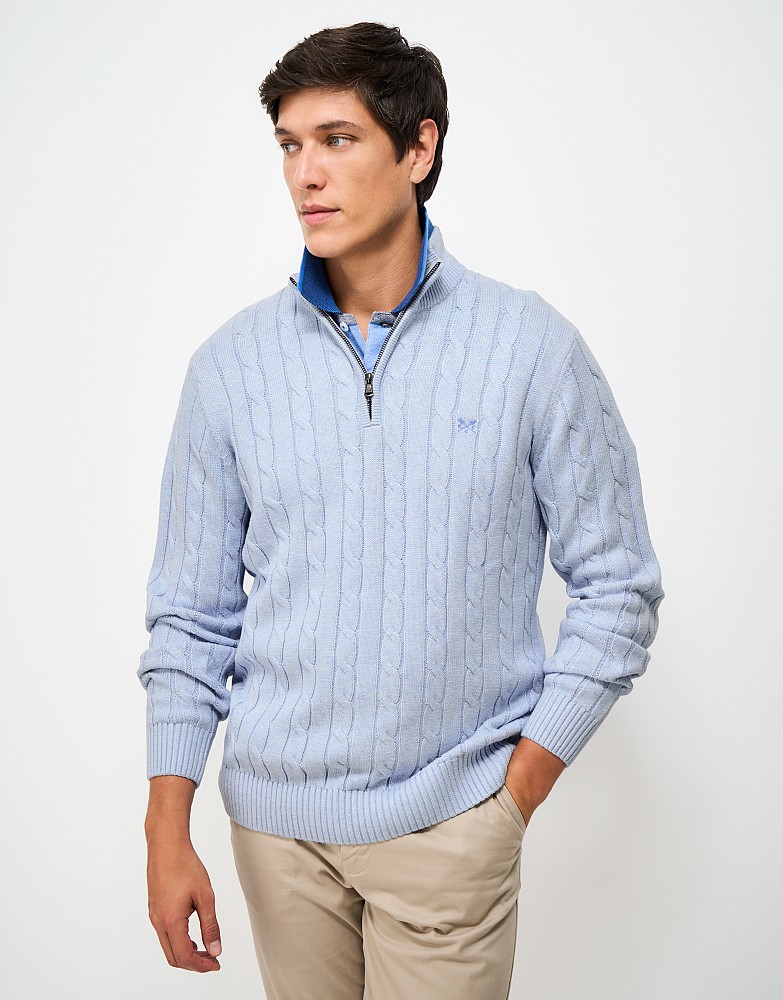 Oarsman Cable Knit Half Zip Jumper in Light Blue