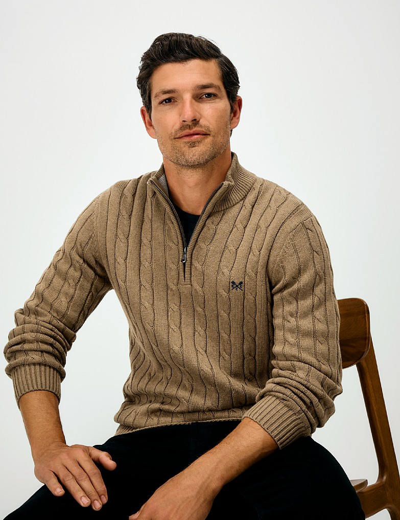 Oarsman Cable Knit Half Zip Jumper in Heritage Tan Marl