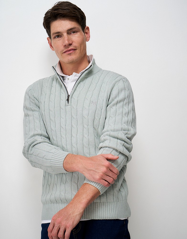 Oarsman Cable Knit Half Zip Jumper in Grey Marl