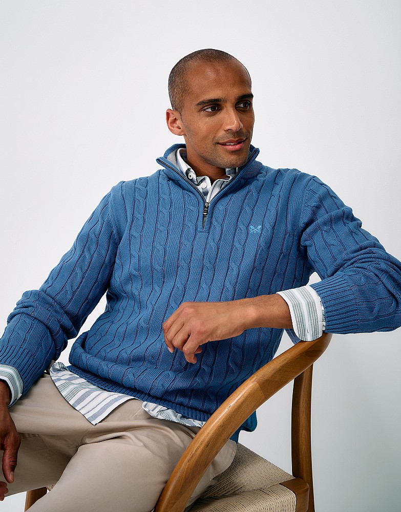 Oarsman Cable Knit Half Zip Jumper in Sea Of Belize