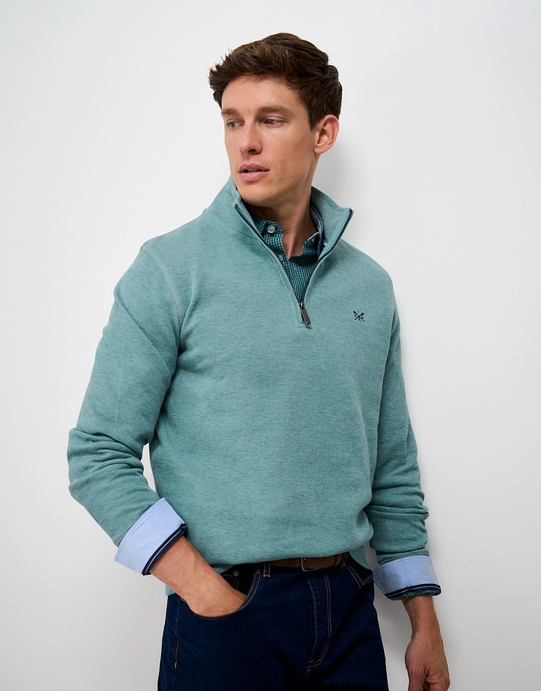 Cotton French-Rib Half-Zip Sweatshirt in Mint Blue Marl