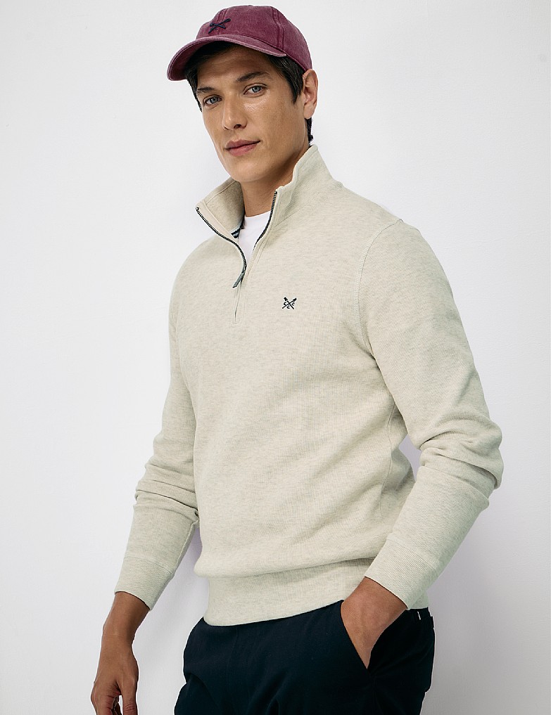 Cotton French-Rib Half-Zip Sweatshirt in Beige Marl