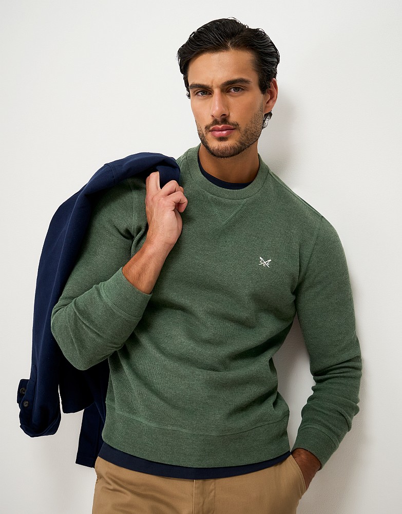 French Rib Crew Neck Jumper in Khaki Green Marl