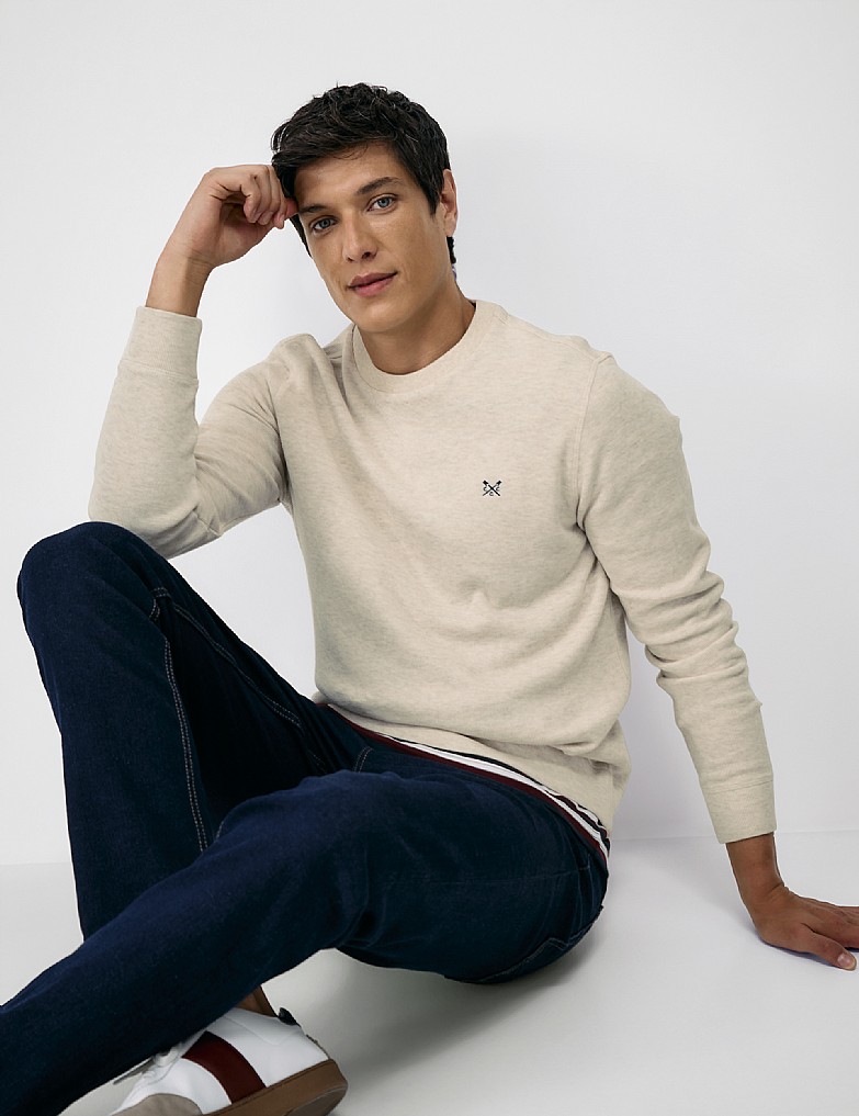 Cotton French-Rib Crew Sweatshirt in Beige Marl