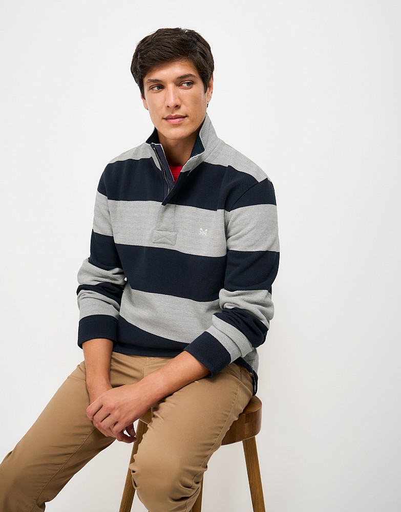 Cotton-Mix Pique Padstow in Grey Marl & Dark Navy Stripes