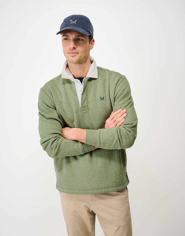 Chambray-Collar Rugby Sweatshirt in Khaki Green