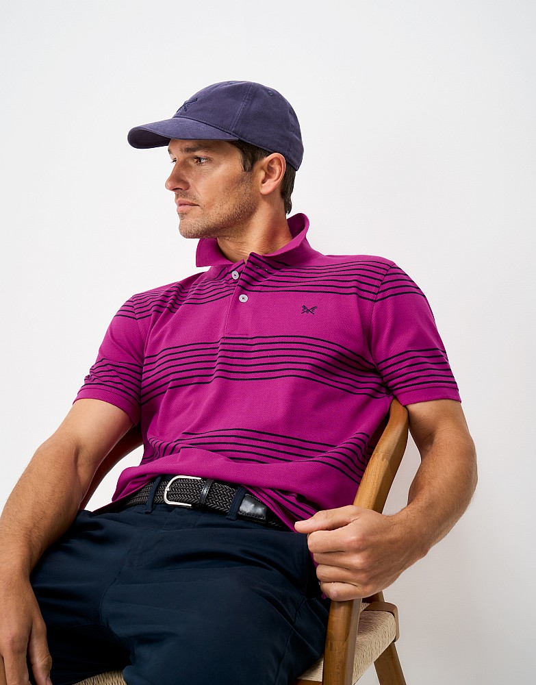 Striped Cotton Rugby Polo Shirt in Fuchsia Pink with Navy Stripes