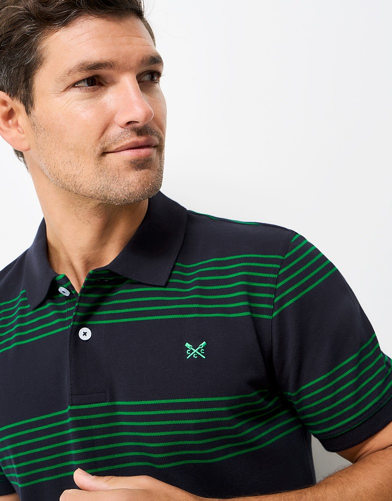 Striped Cotton Rugby Polo Shirt in Dark Navy & Green